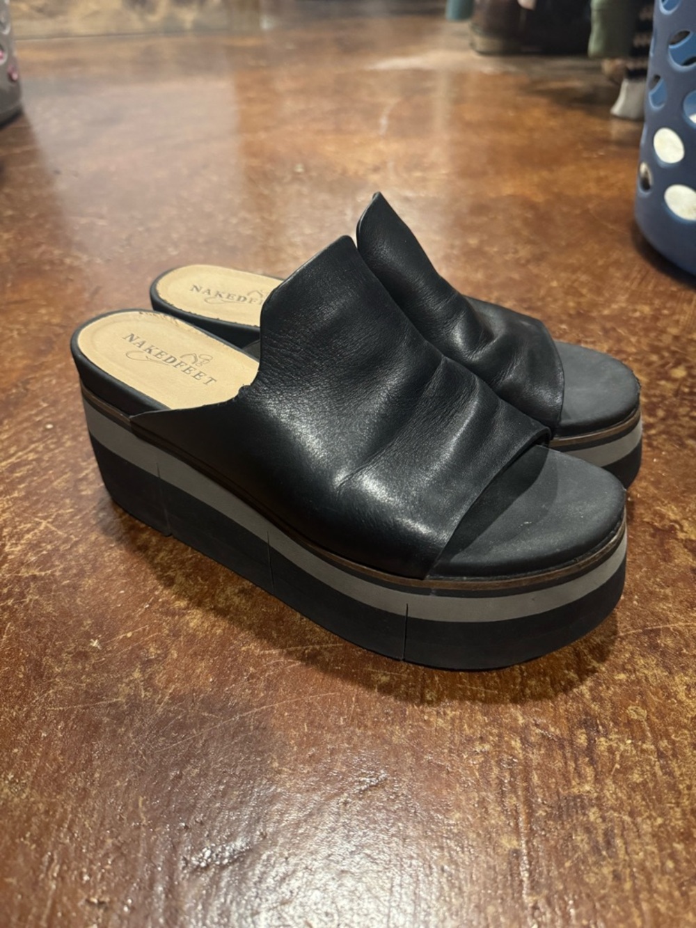 Naked Feet Black Leather Platform Slide Mules with Gray Stripe Sole
